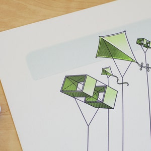 Letterpress Wall Art Kites Flying Over Bridge Art Print image 3