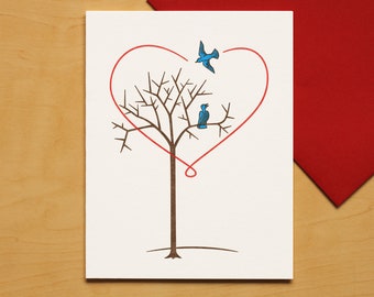 Lovebirds Hand-printed Letterpress Card for Valentine's, Anniversary