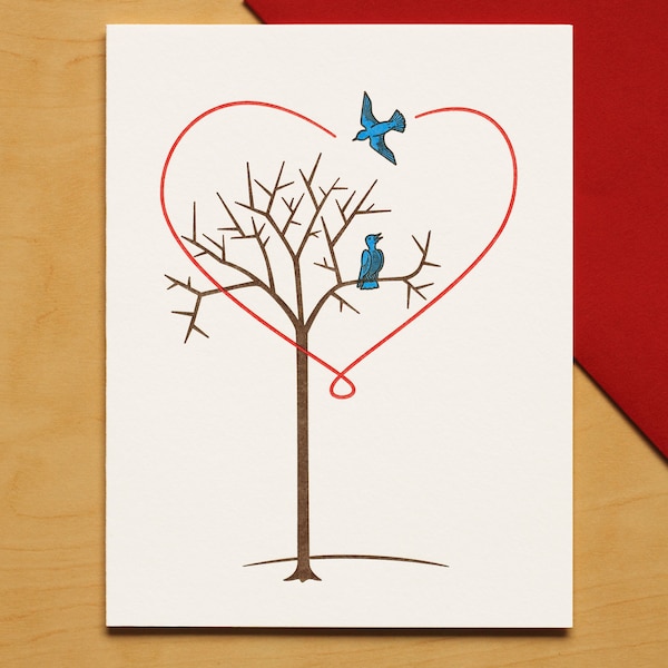 Lovebirds Hand-printed Letterpress Card for Valentine's, Anniversary