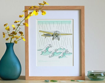 Letterpress Wall Art – Airplane over Mt. Fuji Art Print