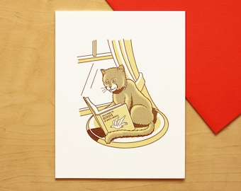 Reading Cat Hand-printed Letterpress Card