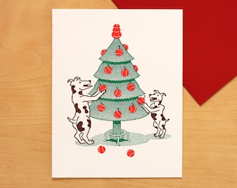 Dogs Decorating Christmas Tree Hand-printed Letterpress Holiday Card