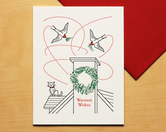 Cat Watching Swallows Holiday Christmas Hand-printed Letterpress Card