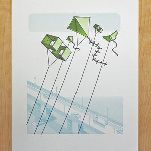 Letterpress Wall Art Kites Flying Over Bridge Art Print image 2
