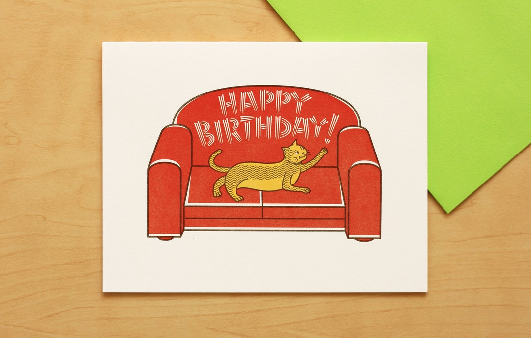 Cat Scratching Sofa Happy Birthday Handprinted Letterpress Greeting