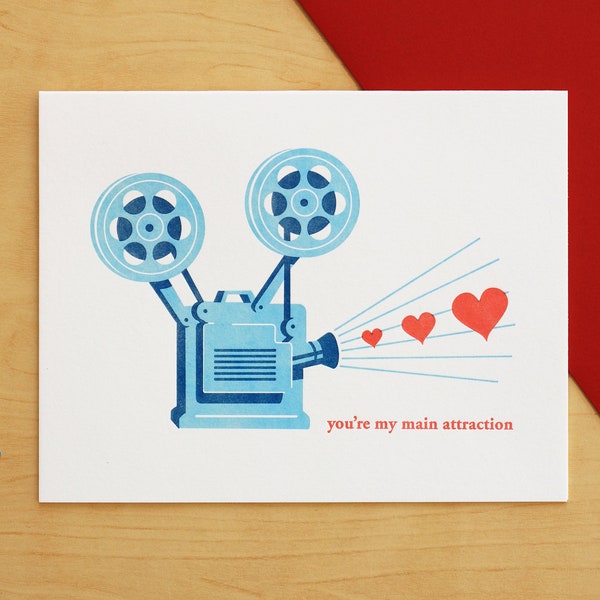 Heart Film Projector Hand-printed Letterpress Card for Anniversary, Valentine's Day & Love