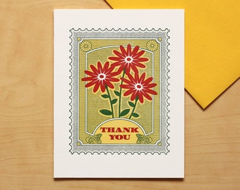 Flower Stamp "THANK YOU"  Hand-printed Letterpress Greeting Card