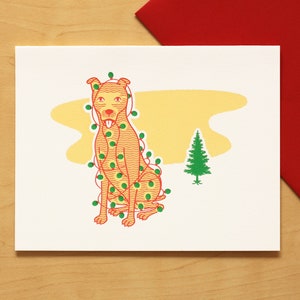 Christmas Holiday Dog with Tree Lights Hand-printed Letterpress Card