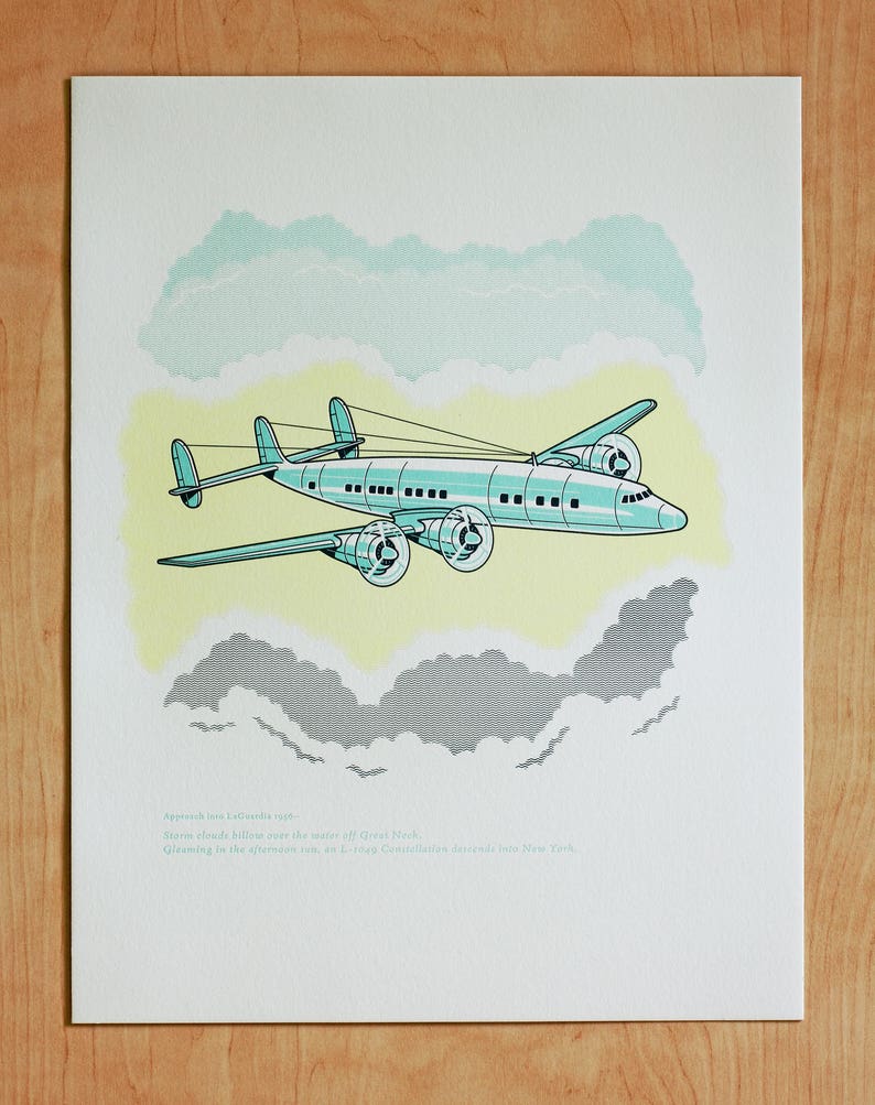 Letterpress Wall Art Airplane LaGuardia / Constellation Art Print image 2