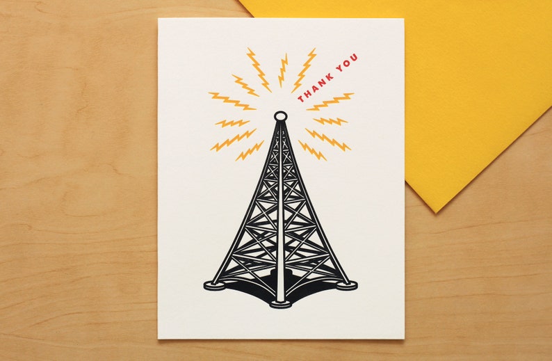 Radio Tower Thank You Hand-printed Letterpress Card image 1