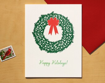 Birds in Flight Christmas Holiday Wreath Hand-printed Letterpress Card