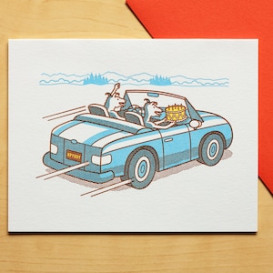 Dogs Make a Getaway with Birthday Cake Hand-printed Letterpress Card