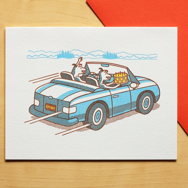 Dogs Make a Getaway with Birthday Cake Hand-printed Letterpress Card