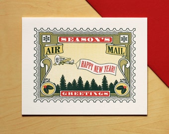 Season's Greetings Airplane Stamp Hand-printed Letterpress Card