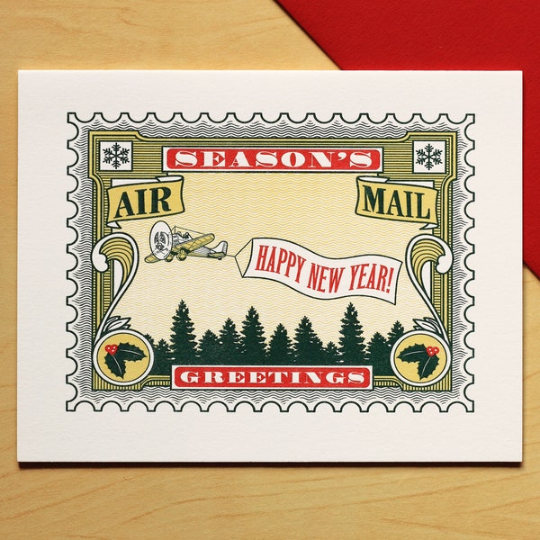 Season's Greetings Airplane Stamp Hand-printed Letterpress Card