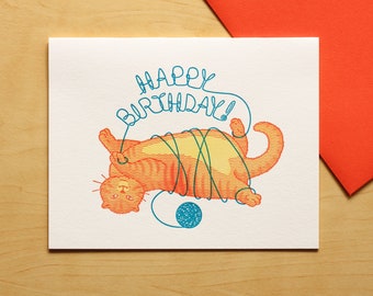 Cat with Yarn Happy Birthday Hand-printed Letterpress Card