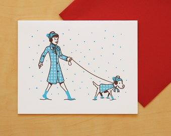 Walking the Dog in Winter Snow Hand-printed Letterpress Card