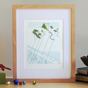 Letterpress Wall Art Kites Flying Over Bridge Art Print image 1