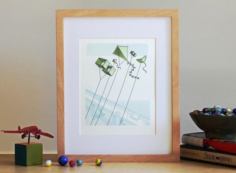 Letterpress Wall Art Kites Flying Over Bridge Art Print image 1
