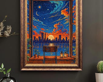 Sunset Cityscape Window View Print – Colorful Night Sky (Digital Download)