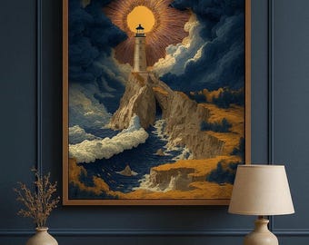 Surreal Lighthouse Art Print, Dramatic Coastal Sky (Digital Download)