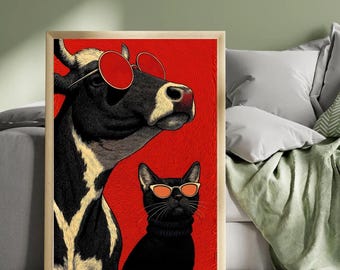 Funky Cow and Cat Art Print | Retro Sunglasses Decor (Digital Download)