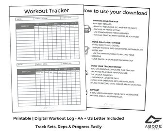Workout Tracker Printable | A4 + US Letter | Gym Log | Fitness Planner | Weightlifting Template | Digital Download