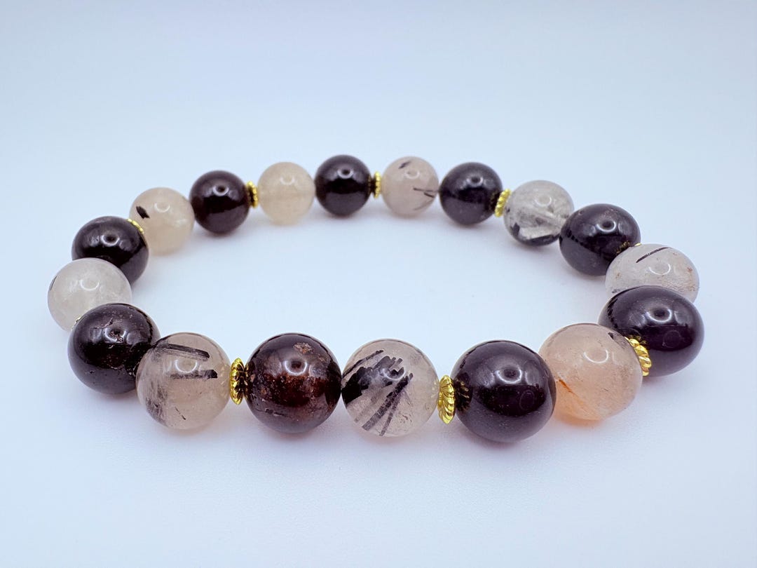 PASSIONATE BOOST - Handmade Garnet & Tourmalated Quartz Bracelet, 18k ...