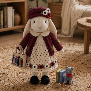 May include: A knitted bunny doll dressed in a burgundy jacket, hat, and a polka-dot dress with floral details. The bunny carries a striped tote bag. A small grey cat with a red bow and miniature books are nearby. The doll is on a woven rug.