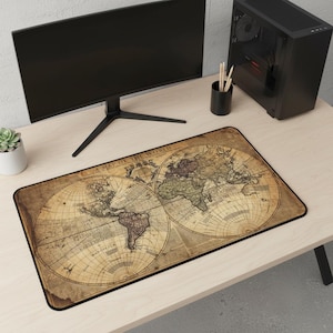 Vintage World Map Desk Mat, Dark Academia Office Decor, Antique Cartography XL Mousepad, History Buff Gift, Travel Lover Gamer Playmat