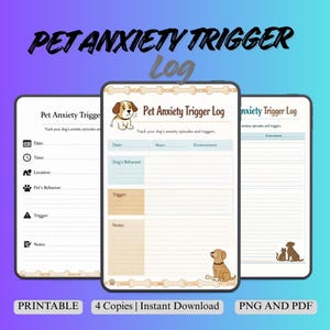Può includere: Tre registri digitali dei trigger di ansia per animali domestici su uno sfondo sfumato. I registri presentano un'illustrazione di un cane e richieste per data, ora, comportamento e trigger. Il testo in basso recita "PRINTABLE", "4 Copies | Instant Download" e "PNG AND PDF".