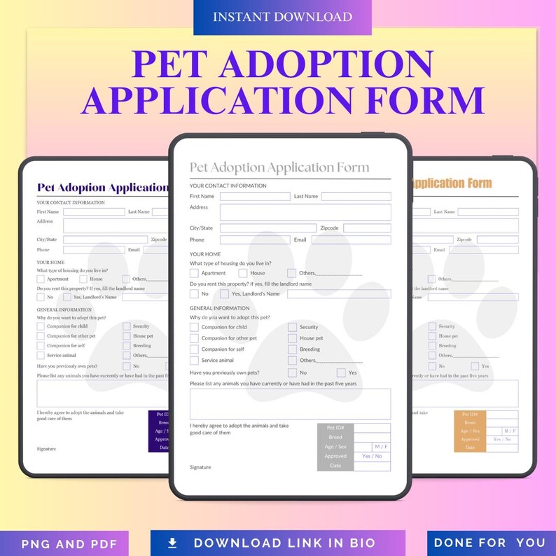 Pet Adoption Application Form Printable PDF PNG | Dog & Cat Adoption ...