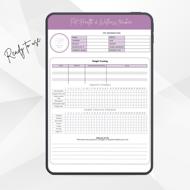 Pet Health & Wellness Tracker Printable PDF PNG | Dog - Cat Health Log ...