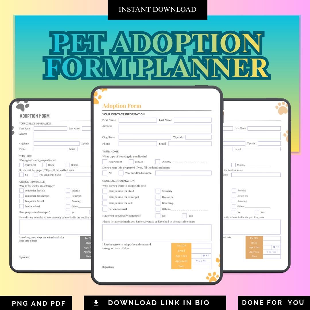 Pet Adoption Planner Printable | Adoption Forms, Record Keeper (PDF/PNG ...