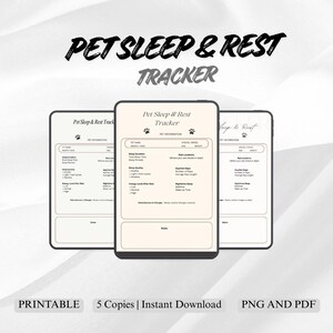 Może przedstawiać: Cyfrowy tracker snu i odpoczynku dla zwierząt domowych o minimalistycznym designie. Tracker zawiera sekcje dotyczące informacji o zwierzęciu, czasu trwania snu, jakości snu i poziomu energii. U góry znajduje się napis "Pet Sleep & Rest Tracker".