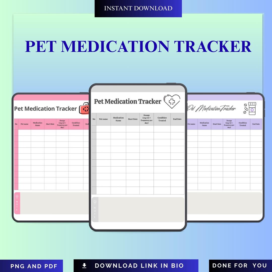 Pet Medication Tracker Printable PDF PNG | Dog & Cat Medicine Log | Pet ...
