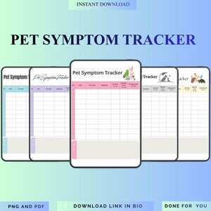 Peut inclure: Modèles numériques de suivi des symptômes des animaux de compagnie en différentes couleurs, dont le rose, le bleu et le jaune. Le texte "PET SYMPTOM TRACKER" est affiché en haut. L'image comprend également le texte "INSTANT DOWNLOAD", "PNG AND PDF", "DOWNLOAD LINK IN BIO" et "DONE FOR YOU".