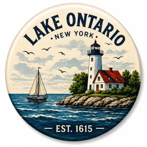 May include: A circular sign featuring a lighthouse and a sailboat on blue water. The text reads LAKE ONTARIO NEW YORK and EST. 1615. The scene includes a white lighthouse with a red-roofed house on a rocky shore, clouds, and birds in the sky.