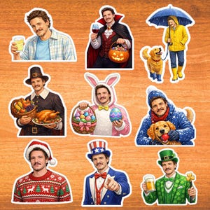 May include: A set of stickers depicting a man in various seasonal and holiday outfits. The stickers include images for Halloween, Easter, Thanksgiving, Christmas, and St. Patrick's Day. The stickers are colourful and cartoon-style.