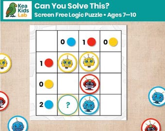Printable Logic Puzzle for Kids Ages 7-10 – Robot Grid Brain Teaser (Beginner)