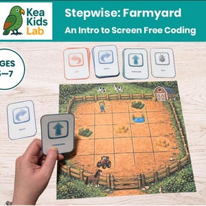 Afdrukbaar programmeerspel voor kinderen van 5-7 jaar, niet aangesloten STEM-activiteit voor beginners | Stapsgewijs boerenerf