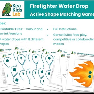 May include: A children's educational game titled "Firefighter Water Drop Active Shape Matching Game." The game includes printable fire and water drop shapes with various geometric shapes. The game also includes instructions and game rules.