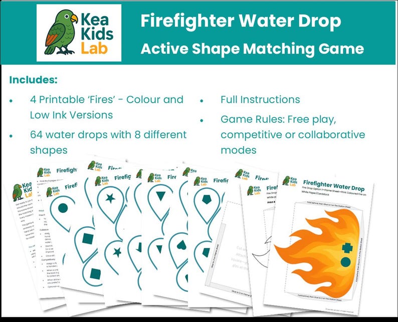 May include: A children's educational game titled "Firefighter Water Drop Active Shape Matching Game." The game includes printable fire and water drop shapes with various geometric shapes. The game also includes instructions and game rules.