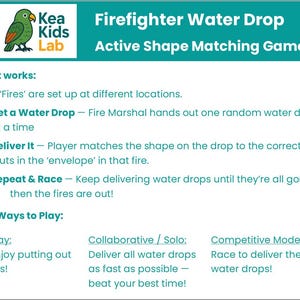 May include: A teal and white educational game titled "Firefighter Water Drop Active Shape Matching Game." The game features a green parrot logo and instructions on how to play, including three ways to play: Free Play, Collaborative/Solo, and Competitive Mode.