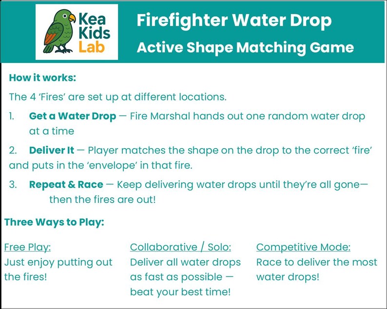 May include: A teal and white educational game titled "Firefighter Water Drop Active Shape Matching Game." The game features a green parrot logo and instructions on how to play, including three ways to play: Free Play, Collaborative/Solo, and Competitive Mode.