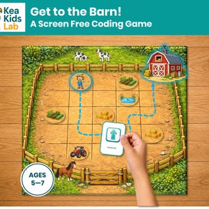 May include: A board game titled Get to the Barn! A Screen Free Coding Game featuring a farm-themed grid with illustrations of a barn, tractor, animals, and crops. The game includes a white card with a green arrow and the text FORWARD.