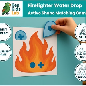 May include: A children's educational game with the text "Firefighter Water Drop Active Shape Matching Game". The game features a colorful illustration of flames, a water drop shape, and a plus sign. The game also includes a green parrot logo.
