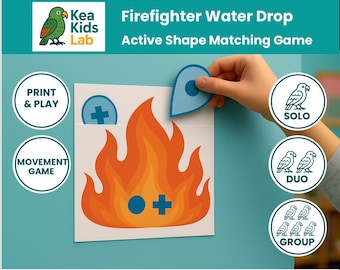 Printable Preschool Shape Matching Movement Game Ages 3–5 | Firefighter Water Drop