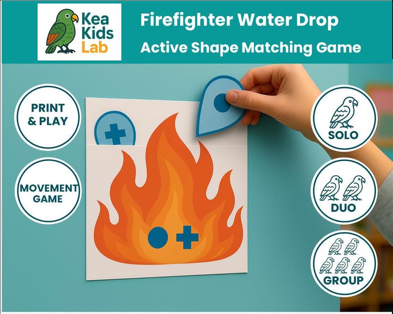 May include: A children's educational game with the text "Firefighter Water Drop Active Shape Matching Game". The game features a colorful illustration of flames, a water drop shape, and a plus sign. The game also includes a green parrot logo.