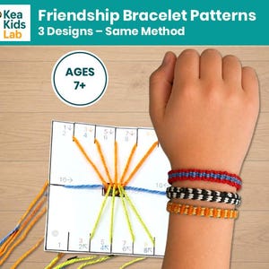 May include: A craft project with the text "Friendship Bracelet Patterns" and "3 Designs - Same Method". The image shows a hand wearing three colorful friendship bracelets. A paper guide with numbered slots and colored threads is also visible. The project is for ages 7+.